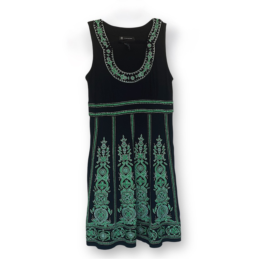 INC International Concepts Black Dress with Green Embroidered Trim
